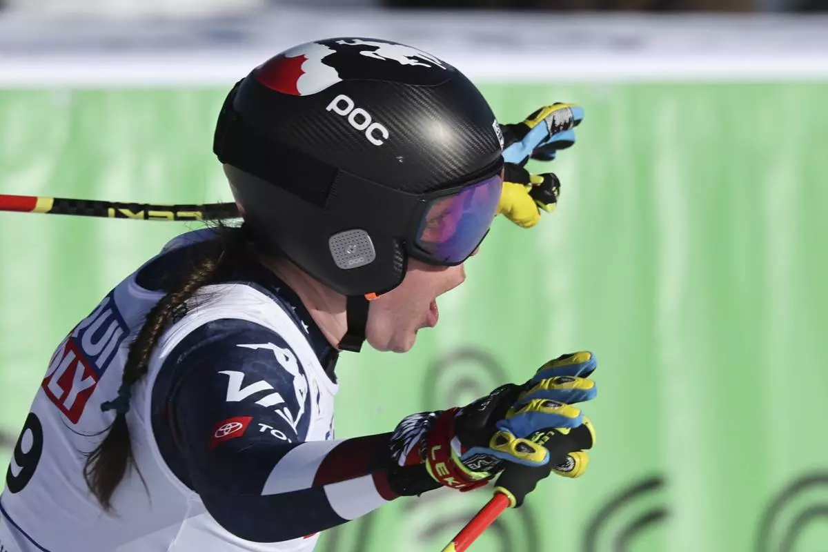 United States' Breezy Johnson reacts after completing an alpine ski, women's World Cup downhill, in Kvitfjell, Norway, Friday, Feb. 28, 2025. (AP Photo/Marco Trovati)