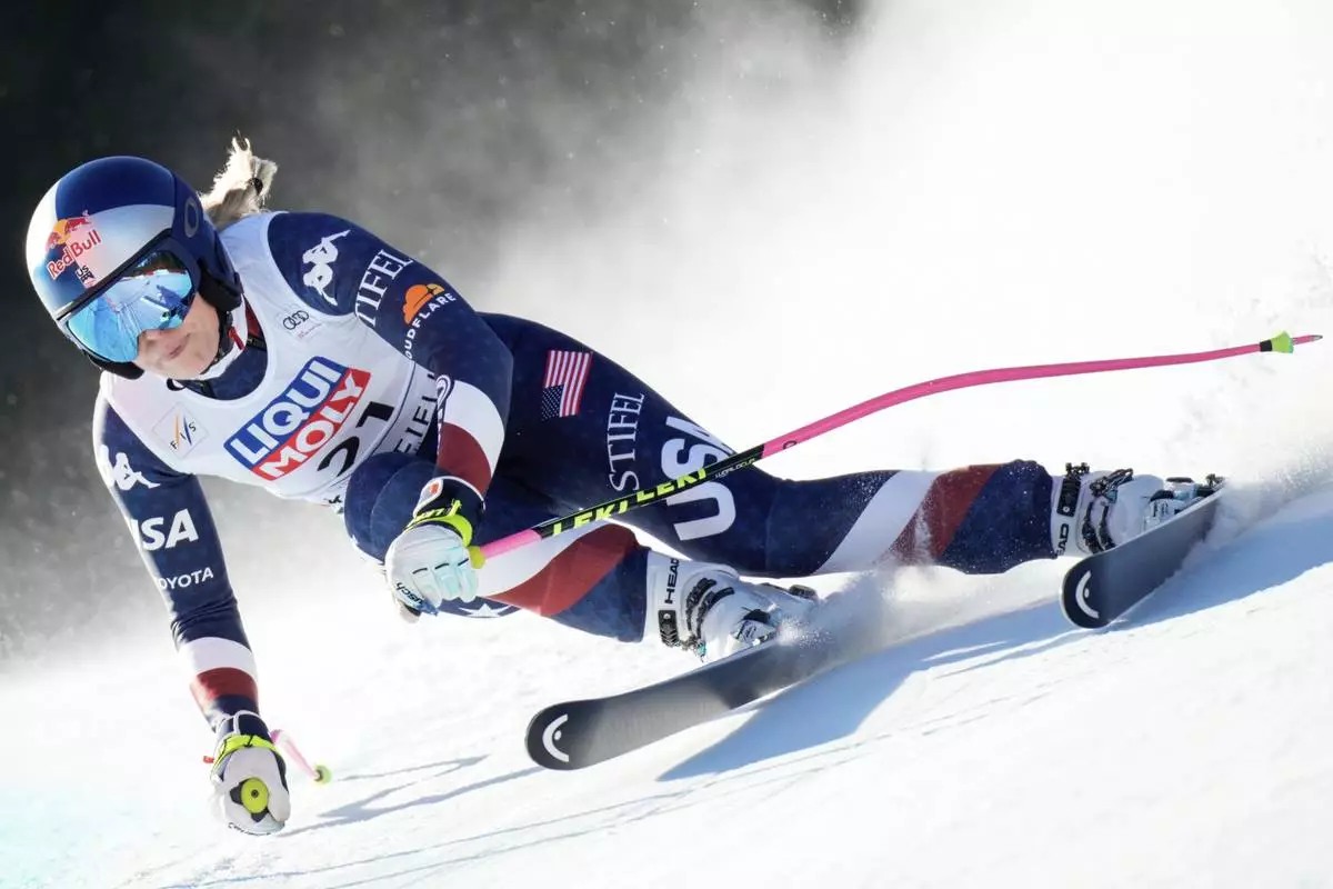 Lindsey Vonn from the USA in action during the FIS Alpine World Cup Women's Downhill, in Kvitfjell, Norway, Friday, Feb. 28, 2025. (Stian Lysberg Solum/NTB Scanpix via AP)