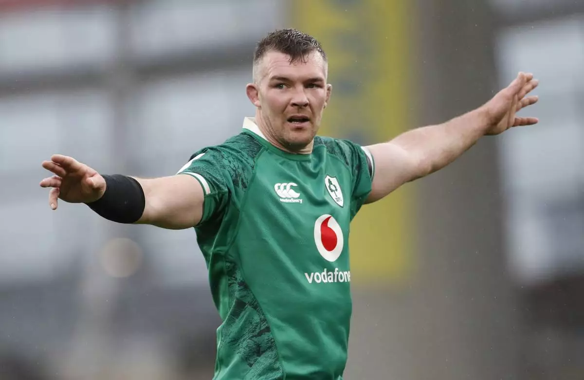 FILE - Ireland's Peter O'Mahony in action during the Six Nations rugby union match between Ireland and Wales at the Aviva stadium in Dublin, Ireland, Saturday, Feb. 5, 2022. (AP Photo/Peter Morrison, File)