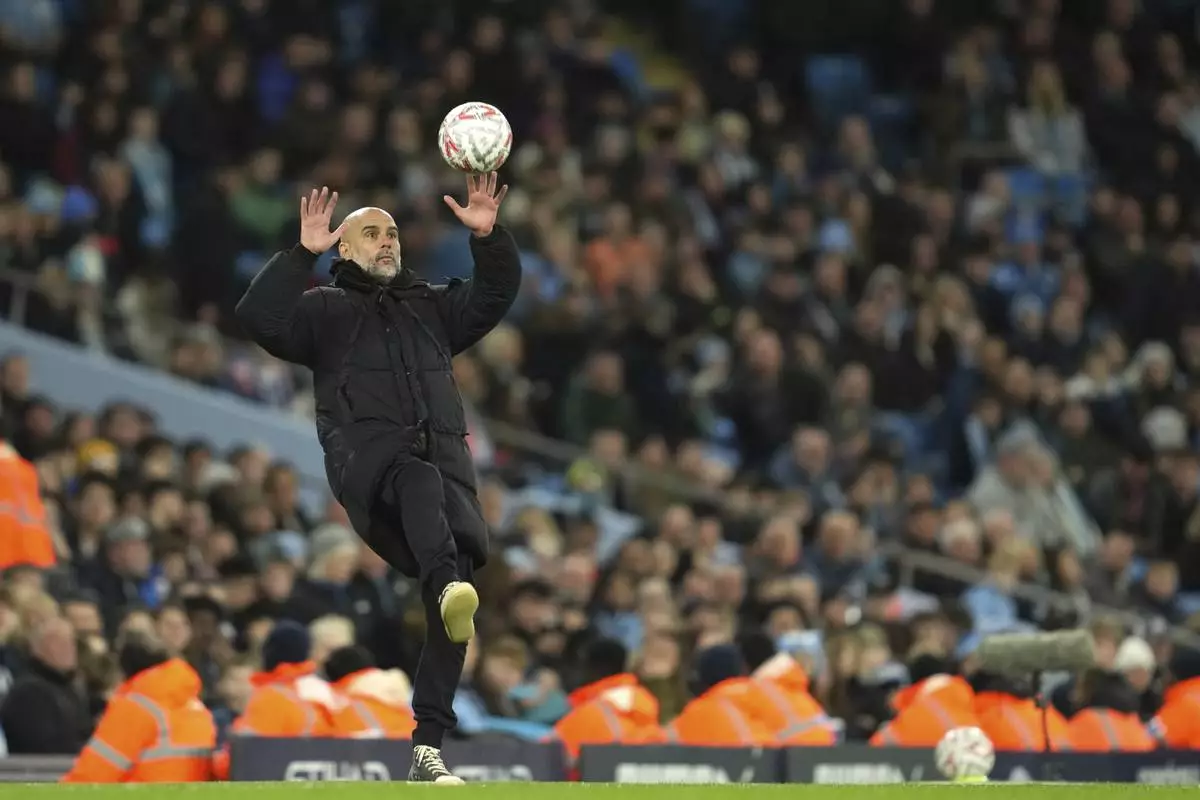 Manchester City's head coach Pep Guardiola during the English FA Cup soccer match between Manchester City and Plymouth Argyle at Etihad Stadium, Manchester, England, Saturday, March 1, 2025. (AP Photo/Jon Super)