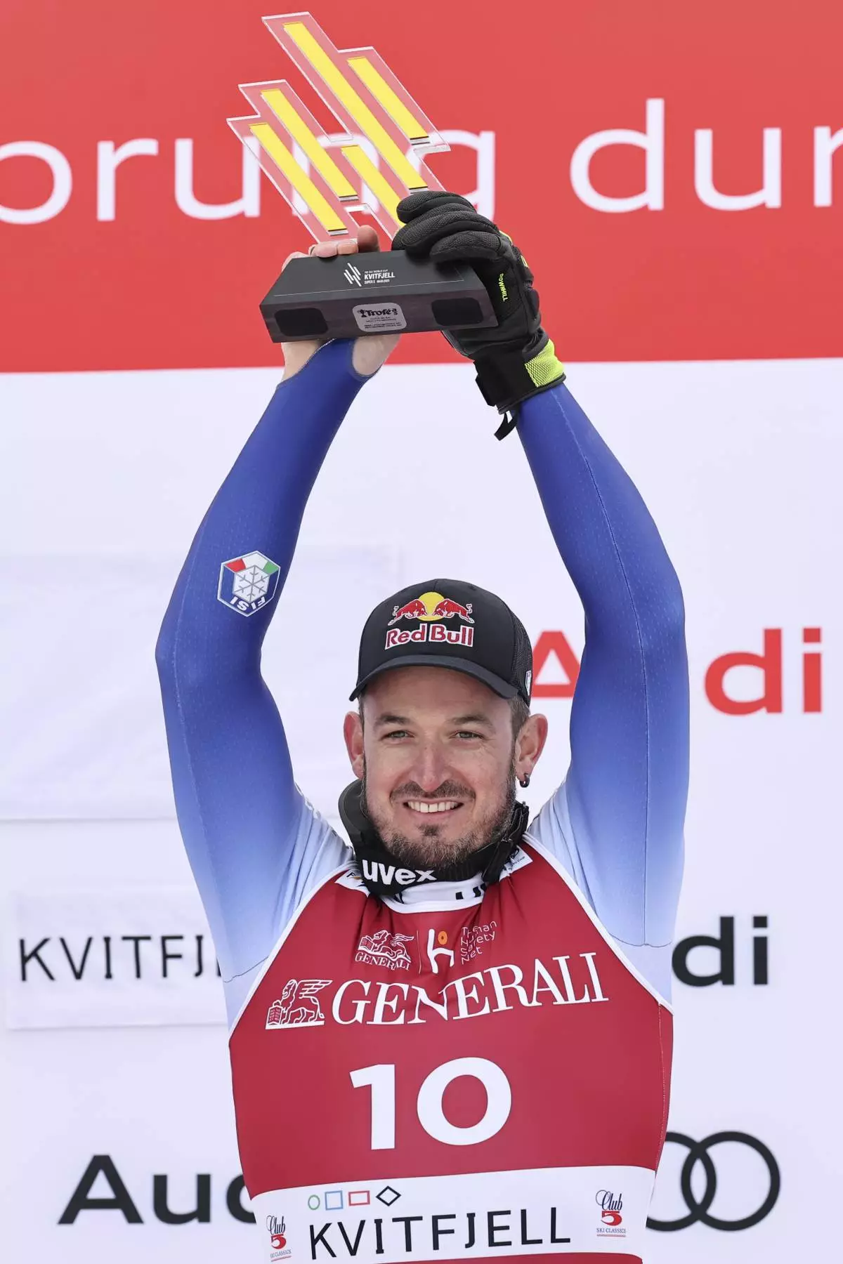 The winner Italy's Dominik Paris celebrates after an alpine ski, men's World Cup downhill, in Kvitfjell, Norway, Saturday, March 8, 2025. (AP Photo/Marco Trovati)