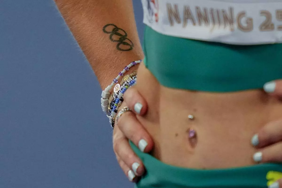 Camryn Newton Smith competes in the Pentathlon women's high jump during the World Athletics Indoor Championships in Nanjing, China, Friday, March 21, 2025. (AP Photo/Dar Yasin)