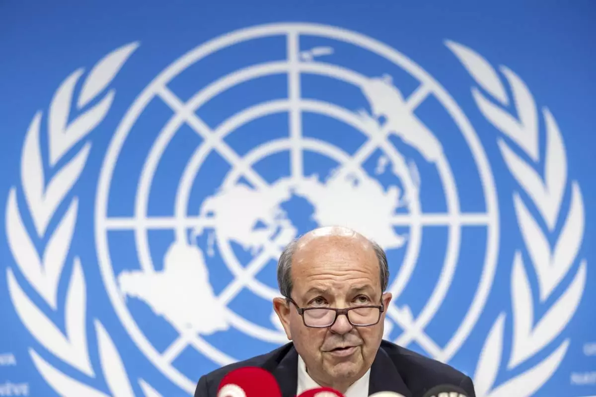 Turkish Cypriot leader Ersin Tatar attends a press conference on the day of a meeting to discuss future of stalled peace talks over the divided island of Cyprus at the United Nations in Geneva, Switzerland, Tuesday, March 18, 2025. (Salvatore Di Nolfi/Keystone via AP)
