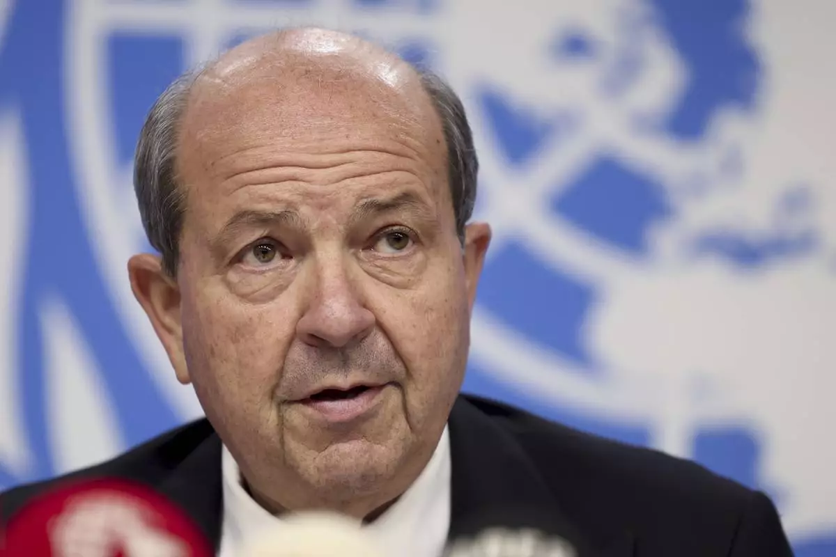 Turkish Cypriot leader Ersin Tatar attends a press conference on the day of a meeting to discuss future of stalled peace talks over the divided island of Cyprus at the United Nations in Geneva, Switzerland, Tuesday, March 18, 2025. (Pierre Albouy/Keystone via AP)