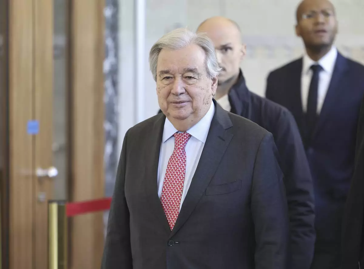 UN Secretary-General Antonio Guterres arrives to attend a meeting to discuss the future of stalled peace talks over the divided island of Cyprus at the United Nations in Geneva, Switzerland, Tuesday, March 18, 2025. (Pierre Albouy/Keystone via AP)