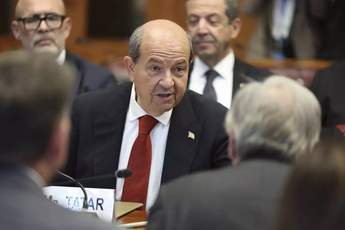 Turkish Cypriot leader Ersin Tatar attends a meeting to discuss the future of stalled peace talks over the divided island of Cyprus at the United Nations in Geneva, Switzerland, Tuesday, March 18, 2025. (Pierre Albouy/Keystone via AP)