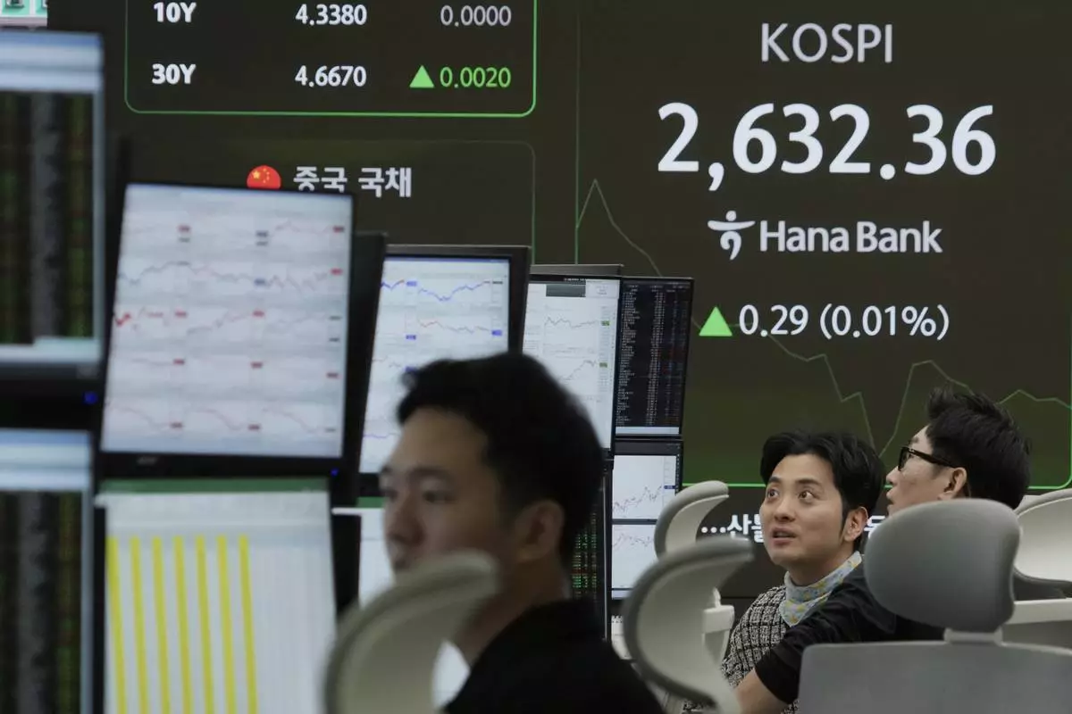 Currency traders watch monitors near a screen showing the Korea Composite Stock Price Index (KOSPI) at the foreign exchange dealing room of the KEB Hana Bank headquarters in Seoul, South Korea, Tuesday, March 25, 2025. (AP Photo/Ahn Young-joon)