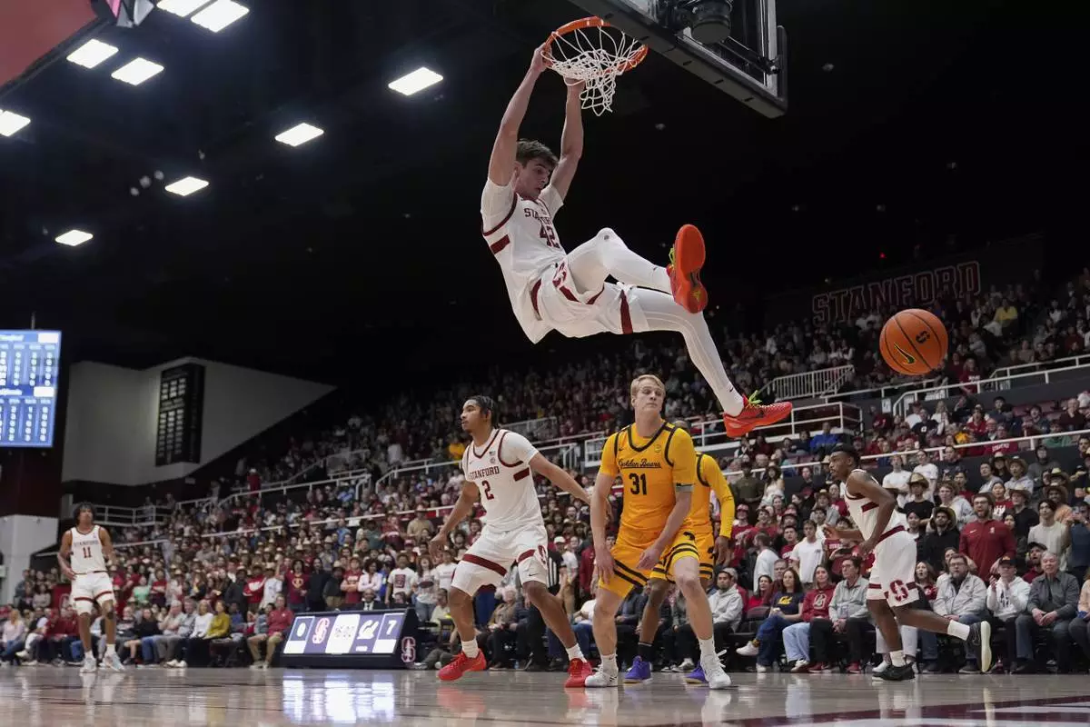 California forward Rytis Petraitis (31) watches as Stanford forward Maxime Raynaud (42) dunks during the first half of an NCAA college basketball game Saturday, Feb. 22, 2025, in Stanford, Calif. (AP Photo/Godofredo A. Vásquez)