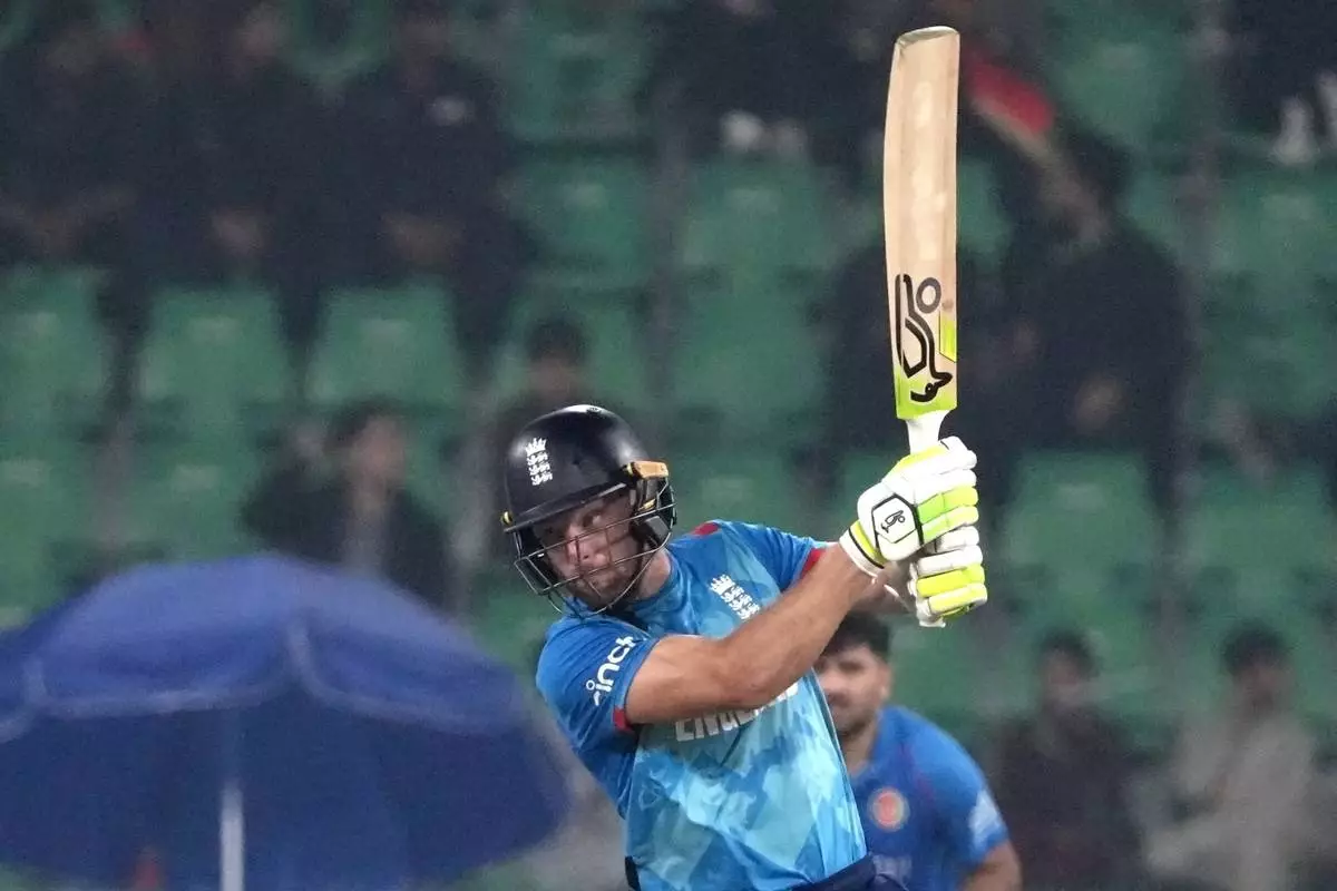 England's Jos Buttler bats during the ICC Champions Trophy cricket match between Afghanistan and England, in Lahore, Pakistan, Wednesday, Feb. 26, 2025. (AP Photo/K.M. Chaudary)