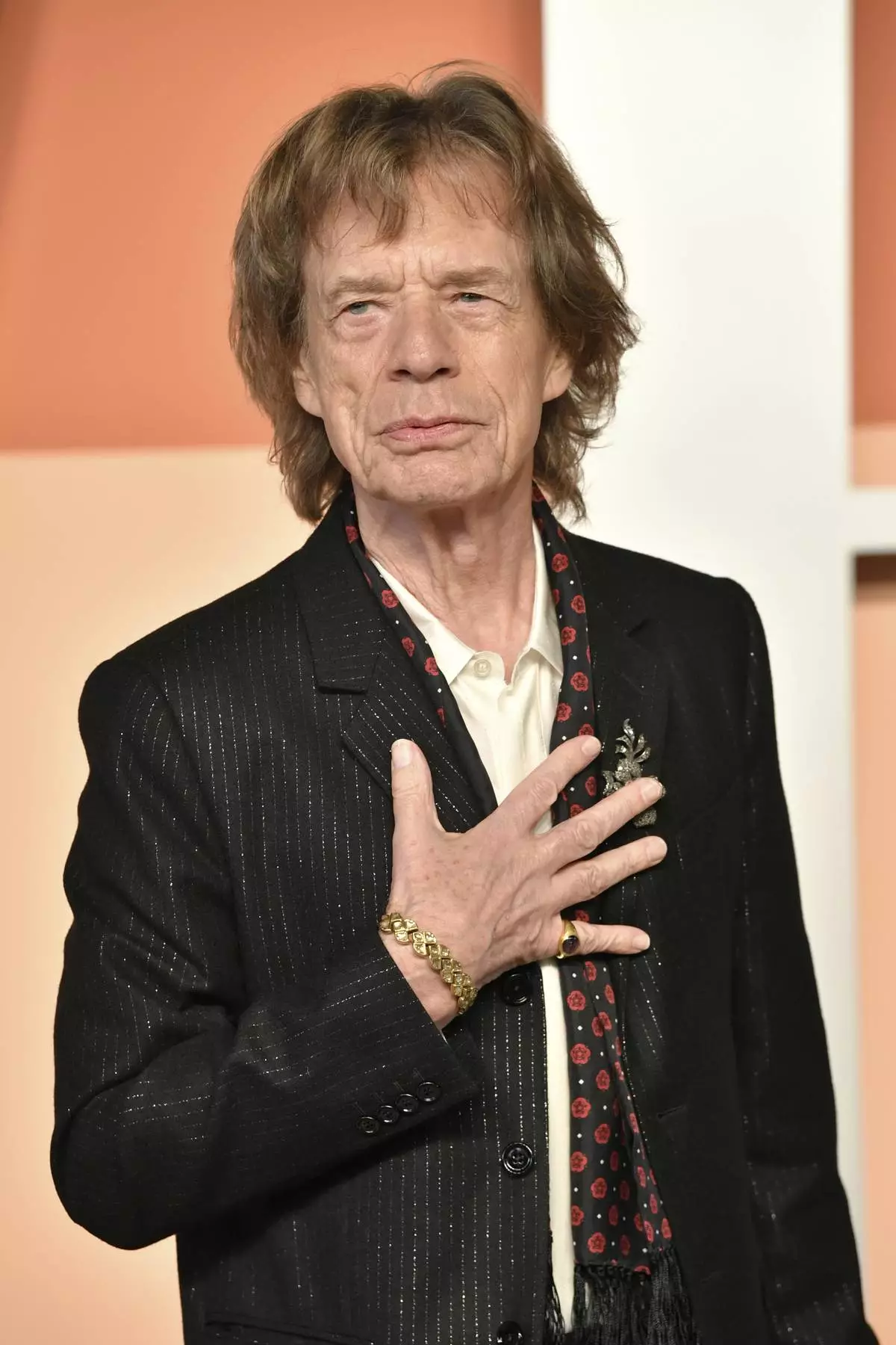 Mick Jagger arrives at the Vanity Fair Oscar Party on Sunday, March 2, 2025, at the Wallis Annenberg Center for the Performing Arts in Beverly Hills, Calif. (Photo by Evan Agostini/Invision/AP)