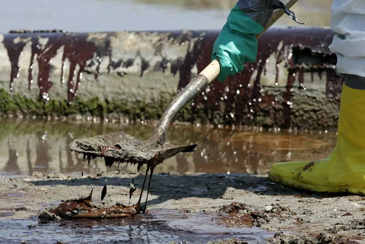 FILE - A worker shovels oil from the Deepwater Horizon oil spill off Fourchon Beach in Port Fourchon, La., May 24, 2010. (AP Photo/Patrick Semansky, File)