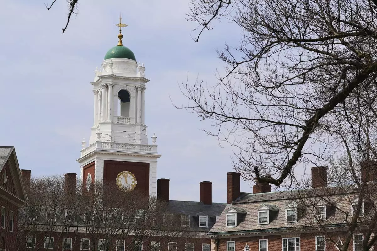 Spring buds appear on a tree near Eliot House, rear, at Harvard University, Tuesday, April 15, 2025, in Cambridge, Mass. (AP Photo/Charles Krupa)