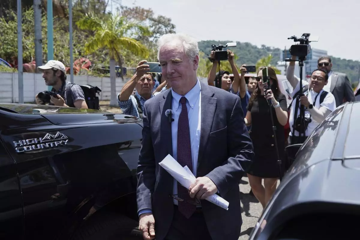 Maryland Sen. Chris Van Hollen walks away after speaking to the press in La Libertad, El Salvador, where he arrived regarding Kilmar Abrego Garcia, a Salvadoran citizen who was living in Maryland and deported to El Salvador by the Trump administration, Wednesday, April 16, 2025. (AP Photo/Salvador Melendez)