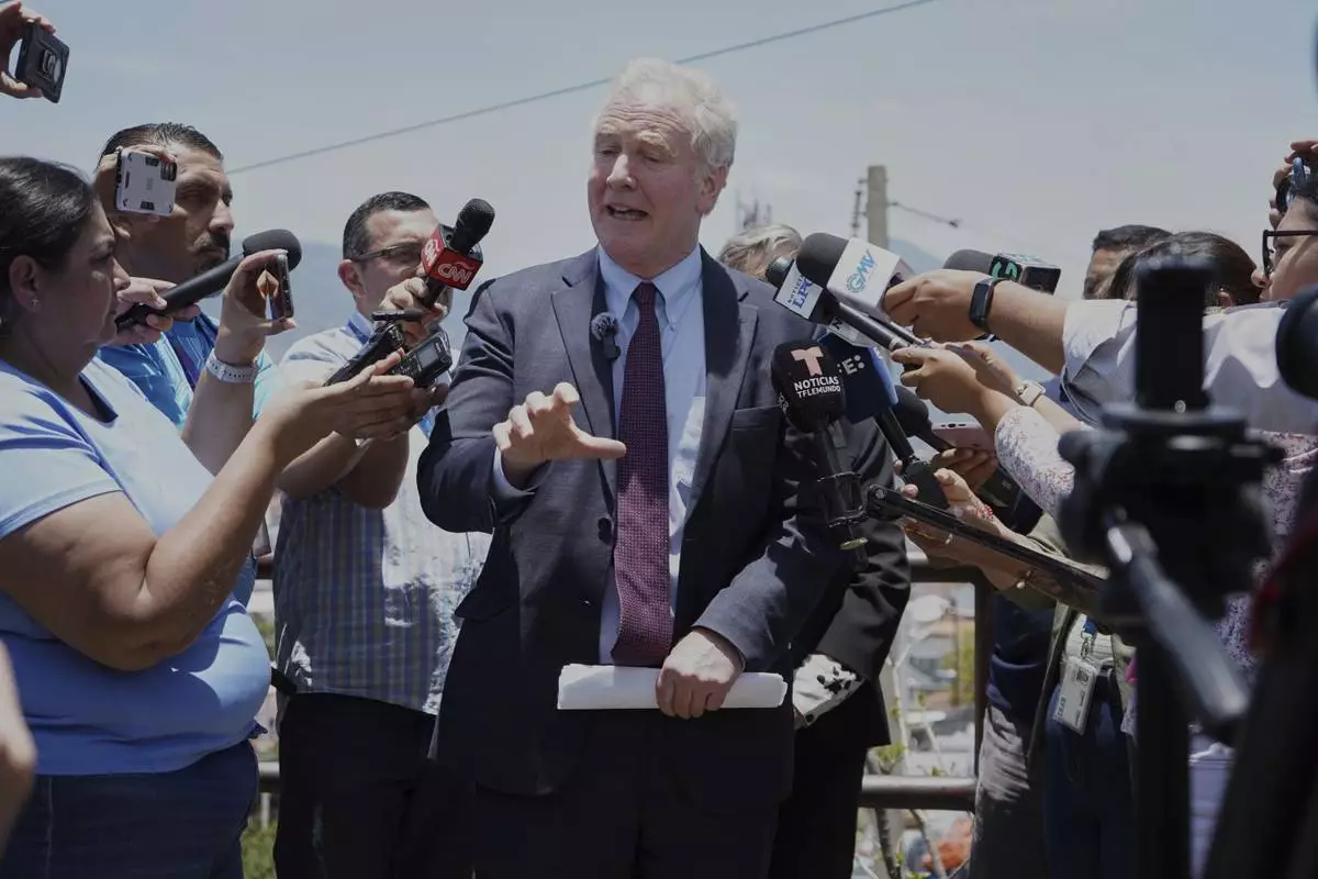 Maryland Sen. Chris Van Hollen speaks to the press in La Libertad, El Salvador, where he arrived regarding Kilmar Abrego Garcia, a Salvadoran citizen who was living in Maryland and deported to El Salvador by the Trump administration, Wednesday, April 16, 2025. (AP Photo/Salvador Melendez)