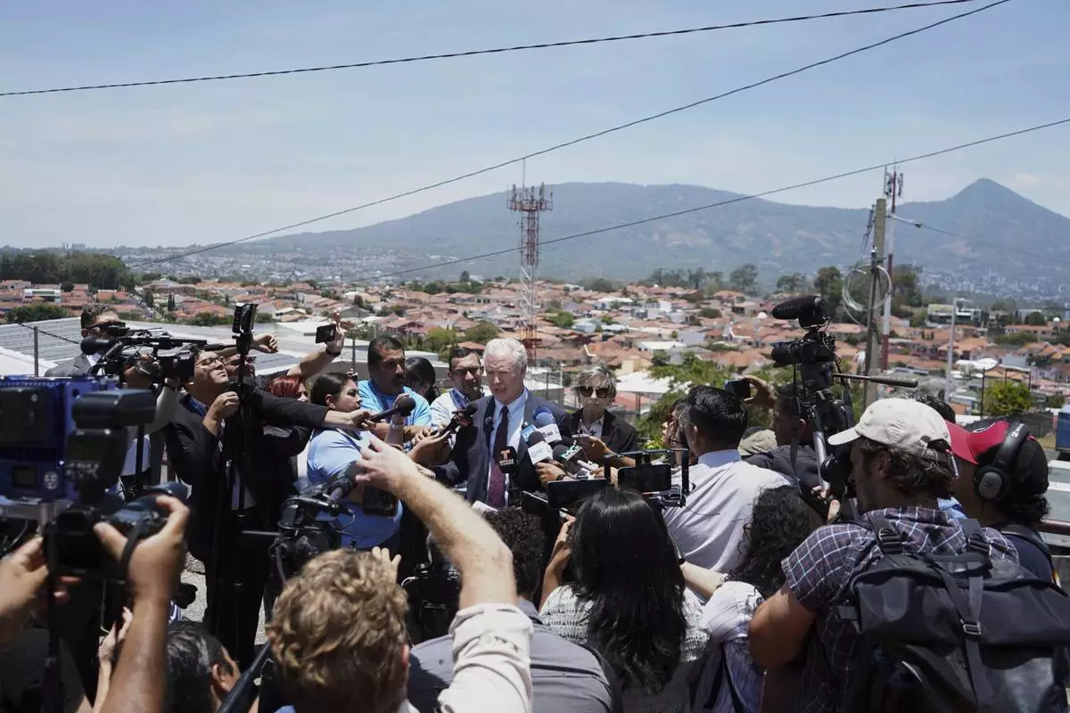 Maryland Sen. Chris Van Hollen speaks to the press in La Libertad, El Salvador, where he arrived regarding Kilmar Abrego Garcia, a Salvadoran citizen who was living in Maryland and deported to El Salvador by the Trump administration, Wednesday, April 16, 2025. (AP Photo/Salvador Melendez)