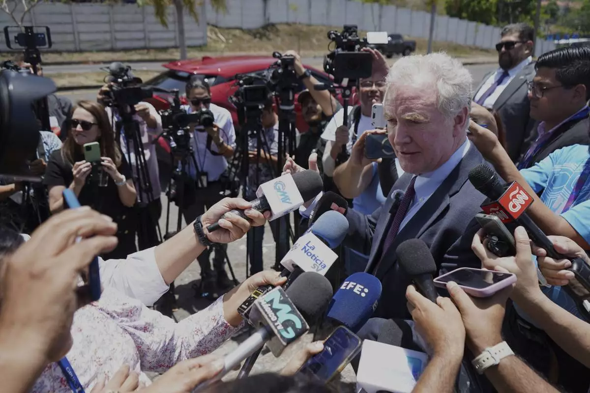 Maryland Sen. Chris Van Hollen speaks to the press in La Libertad, El Salvador, where he arrived regarding Kilmar Abrego Garcia, a Salvadoran citizen who was living in Maryland and deported to El Salvador by the Trump administration, Wednesday, April 16, 2025. (AP Photo/Salvador Melendez)