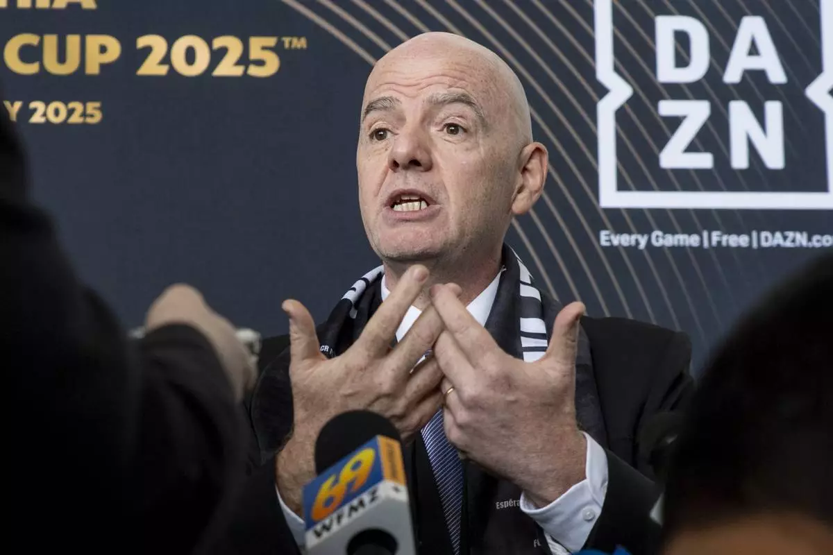 FIFA President Gianni Infantino speaks to the media at a welcoming event for the 2025 FIFA Club World Cup soccer tournament, Thursday, April 10, 2025, in Philadelphia. (AP Photo/Chris Szagola)