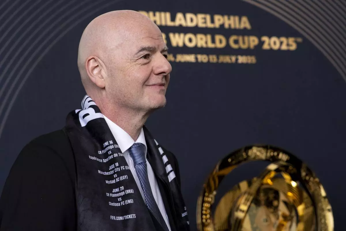 FIFA President Gianni Infantino looks on at a welcoming event for the 2025 FIFA Club World Cup soccer tournament, Thursday, April 10, 2025, in Philadelphia. (AP Photo/Chris Szagola)