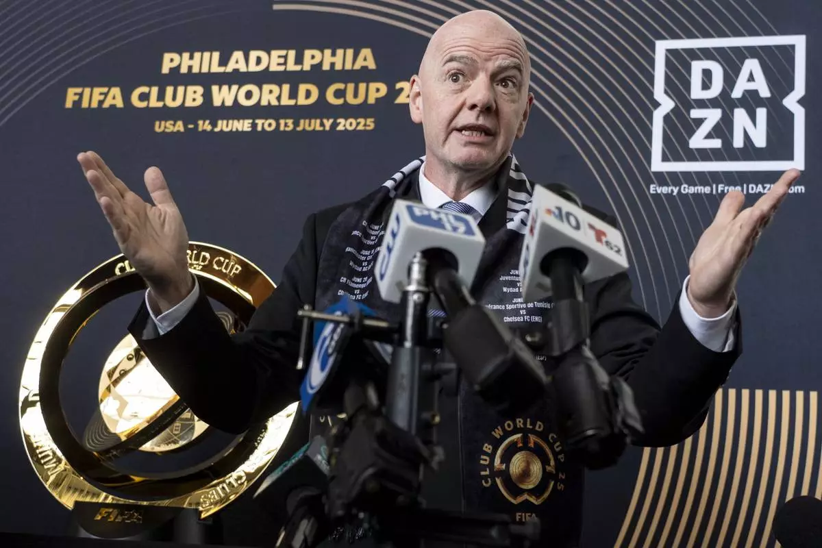 FIFA President Gianni Infantino speaks to the media at a welcoming event for the 2025 FIFA Club World Cup soccer tournament, Thursday, April 10, 2025, in Philadelphia. (AP Photo/Chris Szagola)
