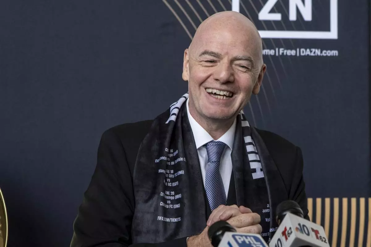 FIFA President Gianni Infantino speaks to the media at a welcoming event for the 2025 FIFA Club World Cup soccer tournament, Thursday, April 10, 2025, in Philadelphia. (AP Photo/Chris Szagola)