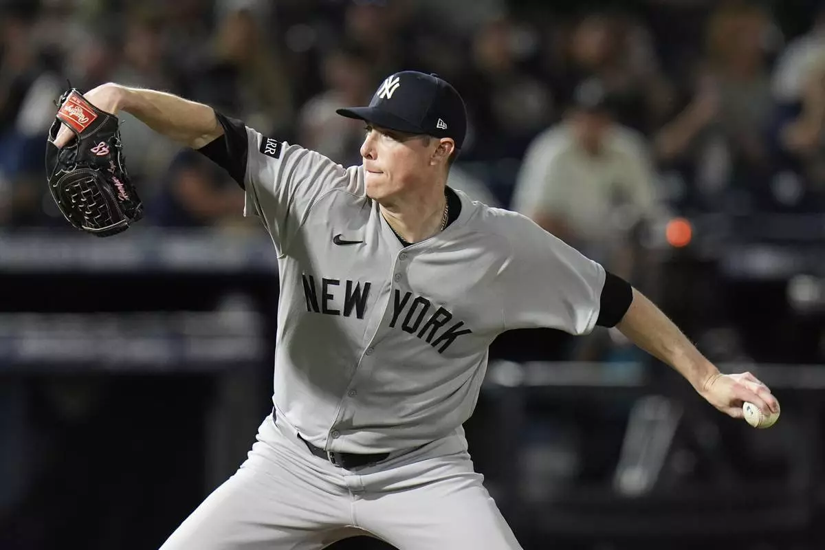 New York Yankees pitcher Ryan Yarbrough delivers to the Tampa Bay Rays during the fourth inning of a baseball game Thursday, April 17, 2025, in Tampa, Fla. (AP Photo/Chris O'Meara)
