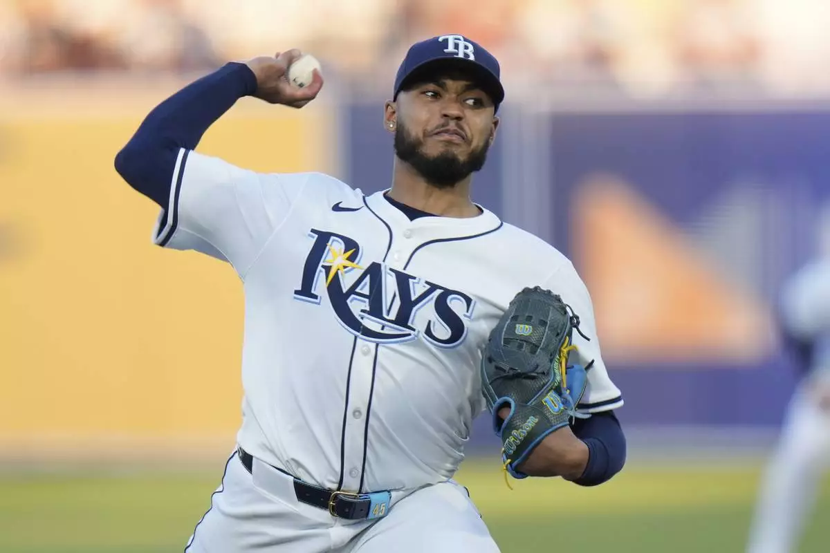 Tampa Bay Rays' Taj Bradley pitches to the New York Yankees during the second inning of a baseball game Thursday, April 17, 2025, in Tampa, Fla. (AP Photo/Chris O'Meara)
