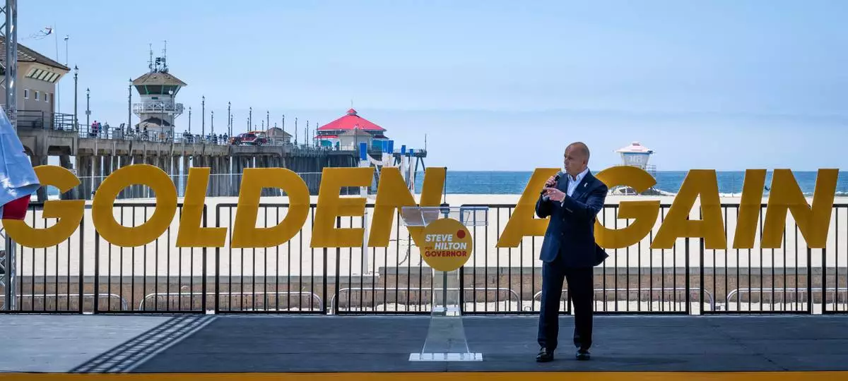 Author and former Fox News host Steve Hilton announced his run for California governor, as a Republican to replace Democrat Gavin Newsom, during an event in Huntington Beach, Calif., Tuesday, April 22, 2025. (Paul Bersebach/The Orange County Register via AP)