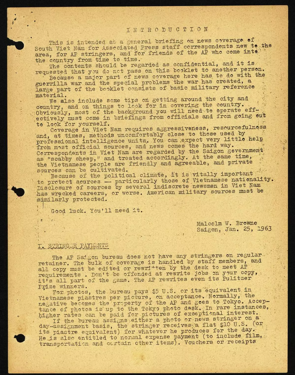 Page 1 of 25 of The Associated Press Short Guide to News Coverage in Vietnam for staffers and stringers covering the Vietnam War, composed in January 1963 by AP Saigon Bureau Chief Malcolm Browne (1931-2012). The 25-page primer, originally written for Horst Faas and Peter Arnett, provides detailed guidance on all aspects of war coverage, including how to move with troops, how to discern accurate information from propaganda and, most importantly, how to stay safe. After Browne left AP, the manual followed him to the ABC bureau in Saigon. (AP Photo/AP Corporate Archives)