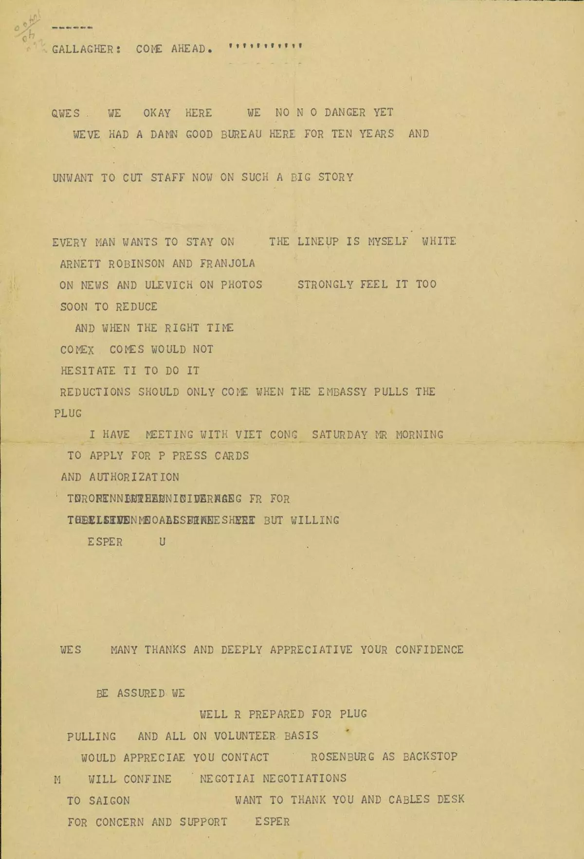Message from AP's Saigon bureau chief George Esper to General Manager Wes Gallagher concerning AP staff covering the fall of Saigon in April, 1975. (AP Photo/Corporate Archives)