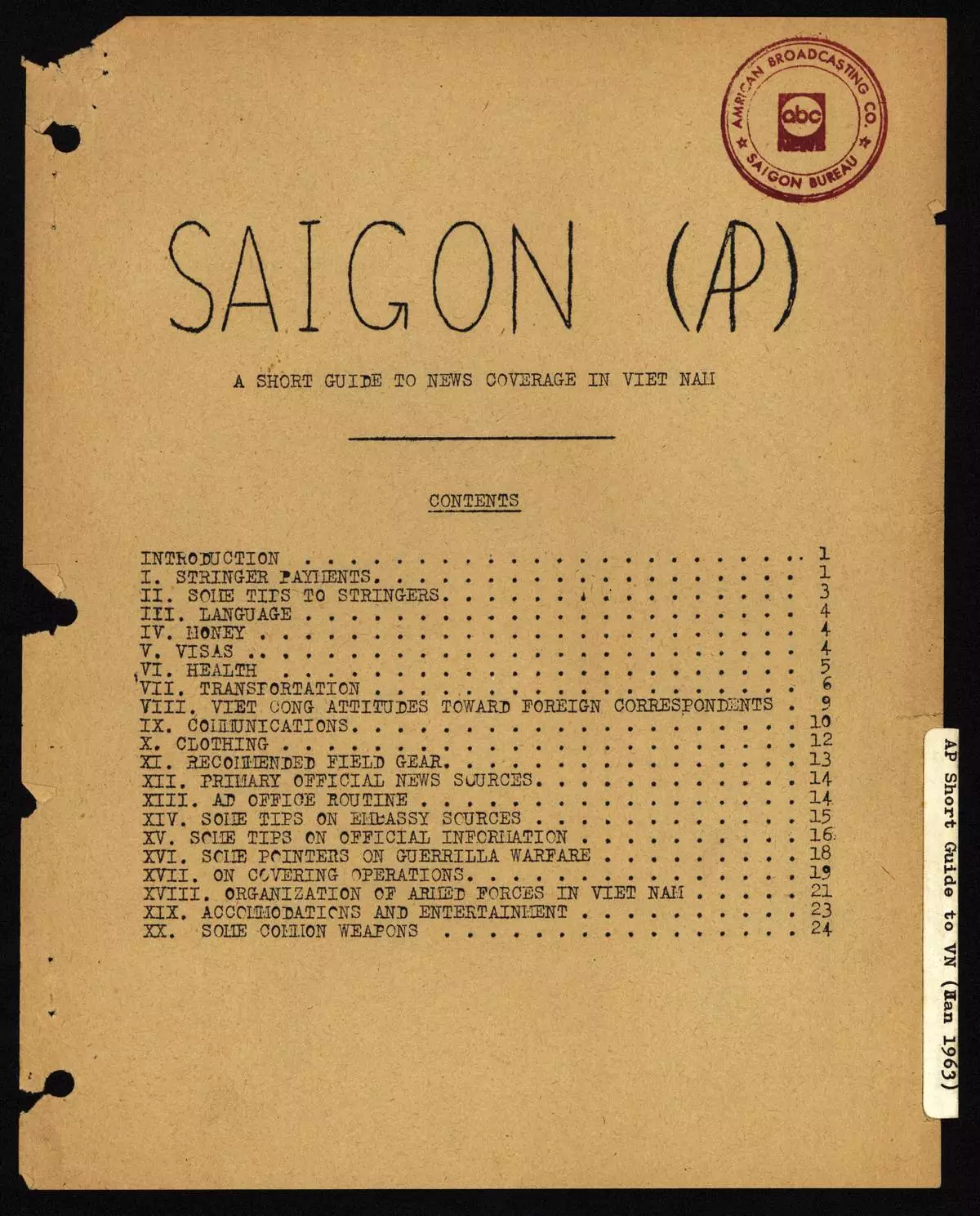 The cover (page i of 25) of The Associated Press Short Guide to News Coverage in Vietnam for staffers and stringers covering the Vietnam War, composed in January 1963 by AP Saigon Bureau Chief Malcolm Browne (1931-2012). The 25-page primer, originally written for Horst Faas and Peter Arnett, provides detailed guidance on all aspects of war coverage, including how to move with troops, how to discern accurate information from propaganda and, most importantly, how to stay safe. After Browne left AP, the manual followed him to the ABC bureau in Saigon. (AP Photo/AP Corporate Archives)