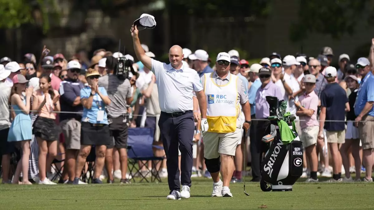 Sepp Straka celebrates his Eagle on the 16th hole during the second round of the RBC Heritage golf tournament, Friday, April 18, 2025, in Hilton Head Island, S.C. (AP Photo/Mike Stewart)