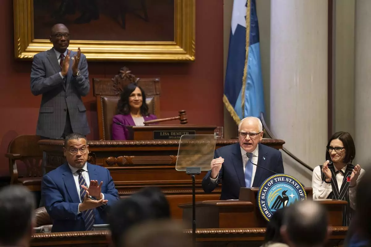 Minnesota Gov. Tim Walz delivers his State of the State address before a joint session of the Legislature at the state Capitol in St. Paul, Minn., Wednesday, April 23, 2025. (Jeff Wheeler/Star Tribune via AP)