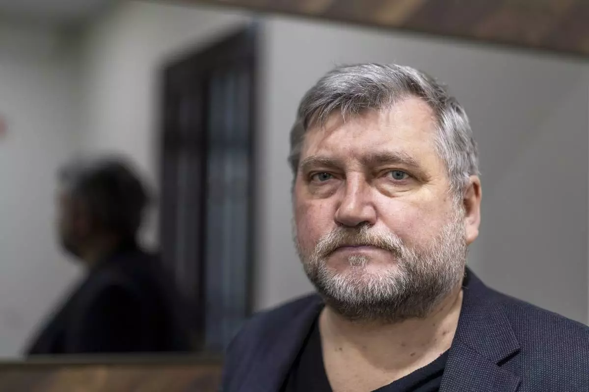 Andrei Bastunets, head of the Belarusian Association of Journalists, is seen in Vilnius, Lithuania, April 10, 2025. (AP Photo/Mindaugas Kulbis)