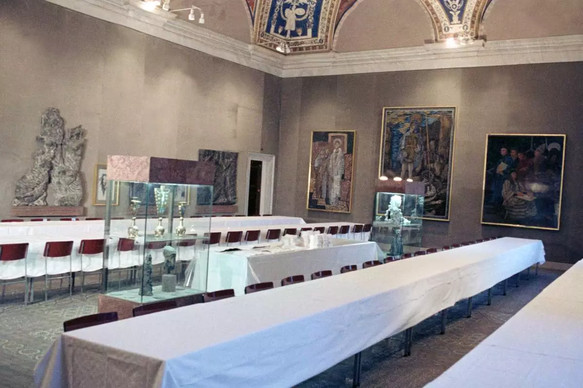 FILE - A view of the Cardinals' tables in the Sistine Chapel in Vatican City, Aug. 25, 1978. The conclave will celebrate Mass here for prayers for inspiration to elect the successor of the late Pope Paul VI. (AP Photo, File)