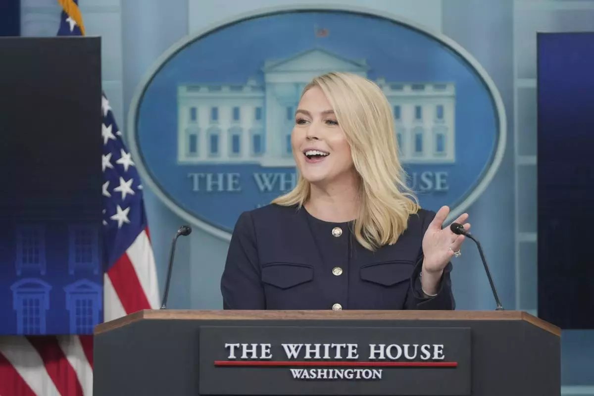White House press secretary Karoline Leavitt speaks during a press briefing at the White House in Washington, Tuesday, April 22, 2025. (AP Photo/Mark Schiefelbein)