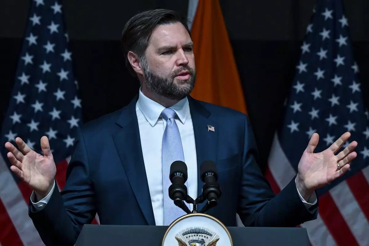 U.S. Vice President JD Vance delivers remarks at the Rajasthan International Centre in Jaipur, India, on Tuesday, April 22, 2025. (Kenny Holston /The New York Times via AP, Pool)