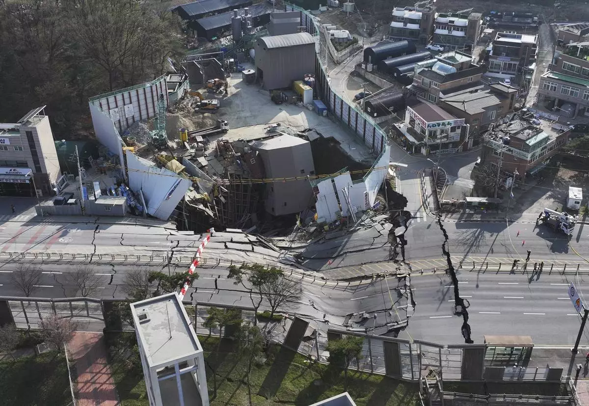 A subway tunnel construction site collapses in Gwangmyeong, South Korea, Friday, April 11, 2025. (Hong Ki-won/Yonhap via AP)