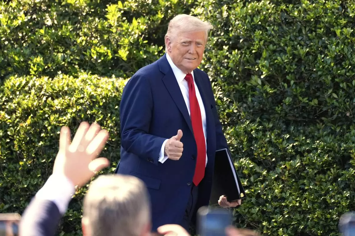 President Donald Trump arrives to welcome the Super Bowl champion Philadelphia Eagles NFL football team to the South Lawn of the White House, Monday, April 28, 2025, in Washington. (AP Photo/Alex Brandon)