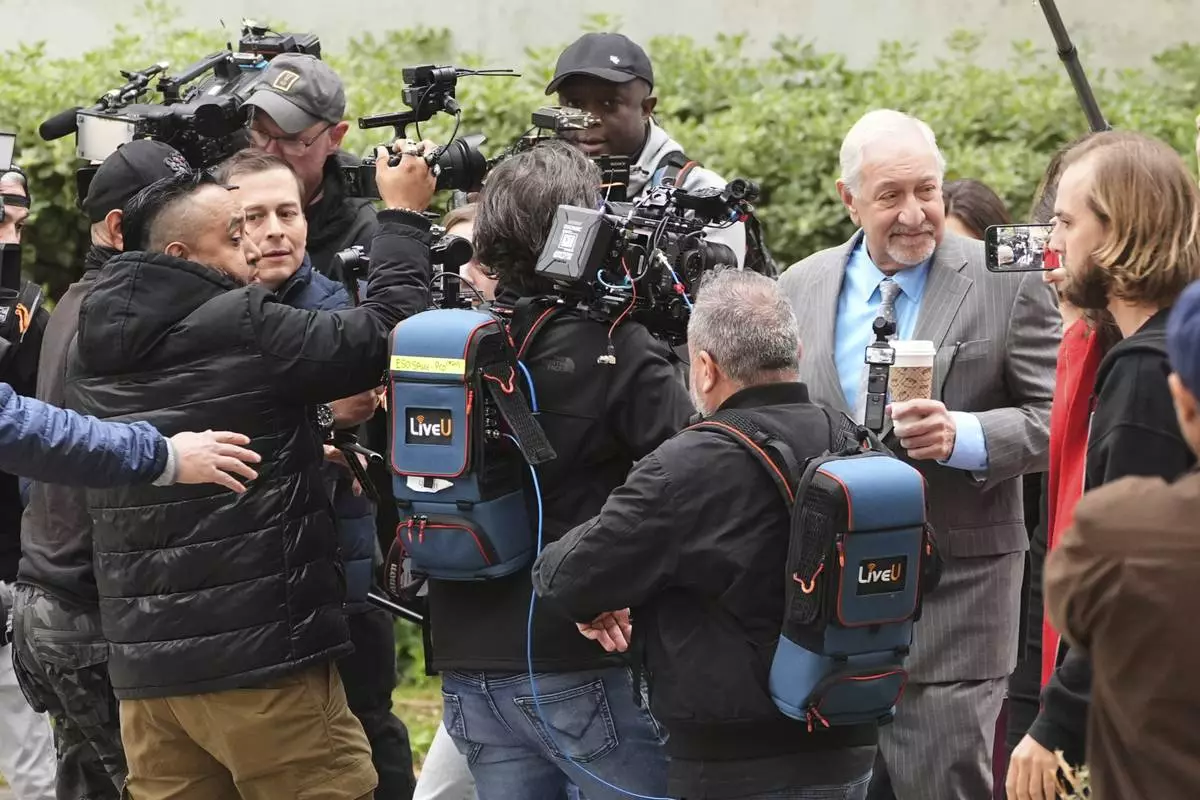 Attorney Mark Geragos, representing Erik and Lyle Menendez, arrives for a hearing in their case Thursday, April 17, 2025, in Los Angeles. (AP Photo/Damian Dovarganes)