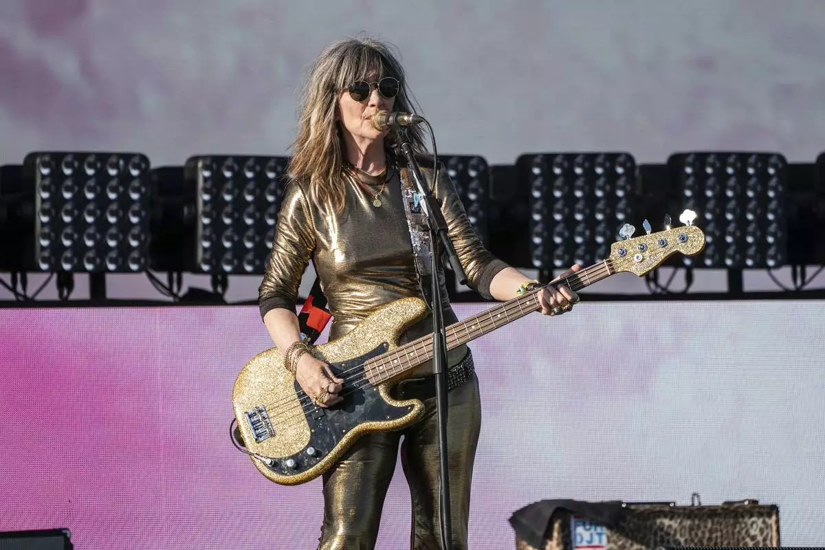Kathy Valentine of The Go-Go's performs during the first weekend of the Coachella Valley Music and Arts Festival at the Empire Polo Club on Friday, April 11, 2025, in Indio, Calif. (Photo by Amy Harris/Invision/AP)