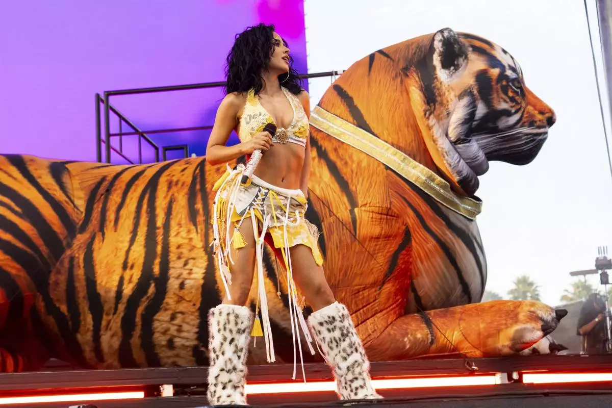 Becky G performs during the first weekend of the Coachella Valley Music and Arts Festival at the Empire Polo Club on Friday, April 11, 2025, in Indio, Calif. (Photo by Amy Harris/Invision/AP)