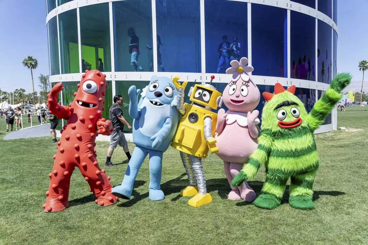 Muno, from left, Toodee, Plex, Foofa, and Brobee of Yo Gabba Gabba pose during the first weekend of the Coachella Valley Music and Arts Festival at the Empire Polo Club on Friday, April 11, 2025, in Indio, Calif. (Photo by Amy Harris/Invision/AP)