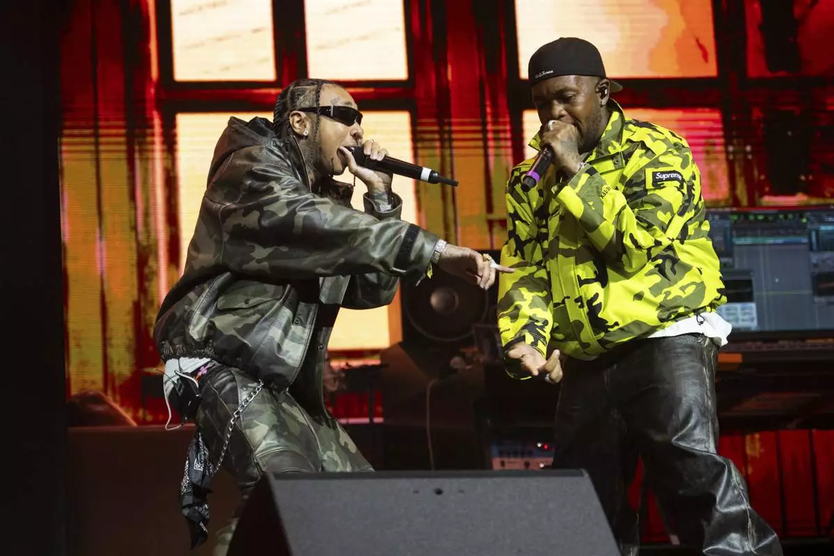 Tyga, left, and Mustard perform during the first weekend of the Coachella Valley Music and Arts Festival at the Empire Polo Club on Friday, April 11, 2025, in Indio, Calif. (Photo by Amy Harris/Invision/AP)