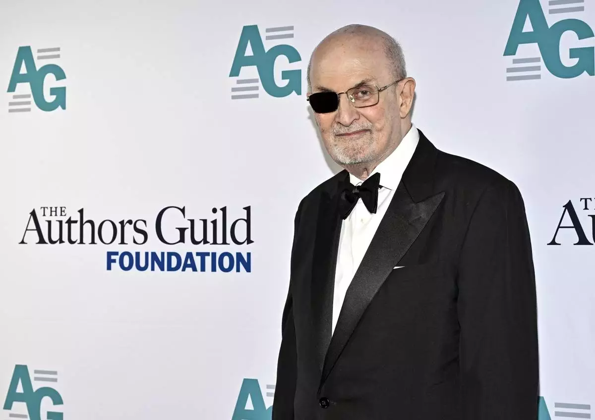 Honoree Salman Rushdie attends the Authors Guild Foundation Dinner at Gotham Hall on Monday, April 7, 2025, in New York. (Photo by Evan Agostini/Invision/AP)