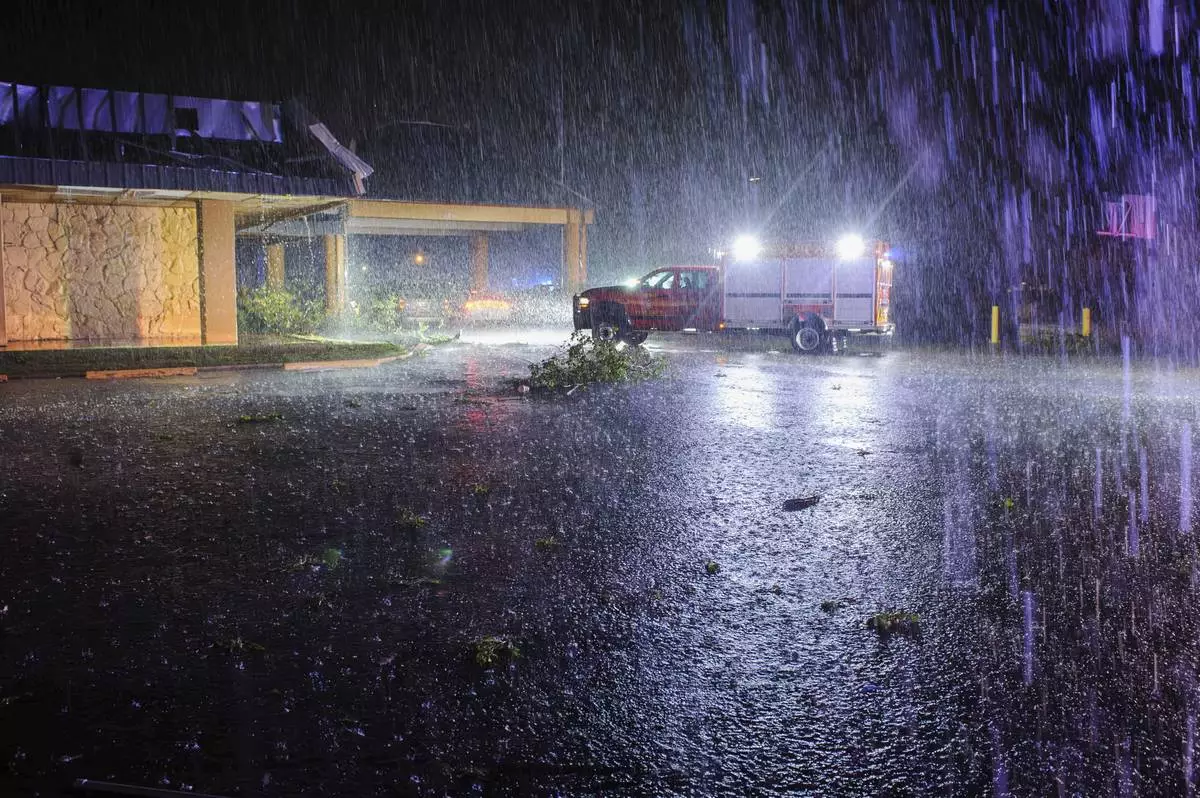 Heavy rain falls in Ada, Okla., Saturday, April 19, 2025. (Richard R. Barron/The ADA News via AP)
