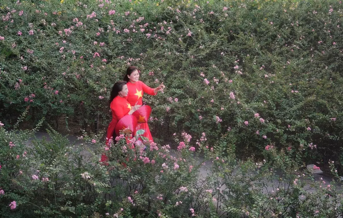 Women in traditional costume "Ao dai" featured Vietnamese flags walk in a park in Ho Chi Minh City, Vietnam Tuesday, April 29, 2025. (AP Photo/Hau Dinh)