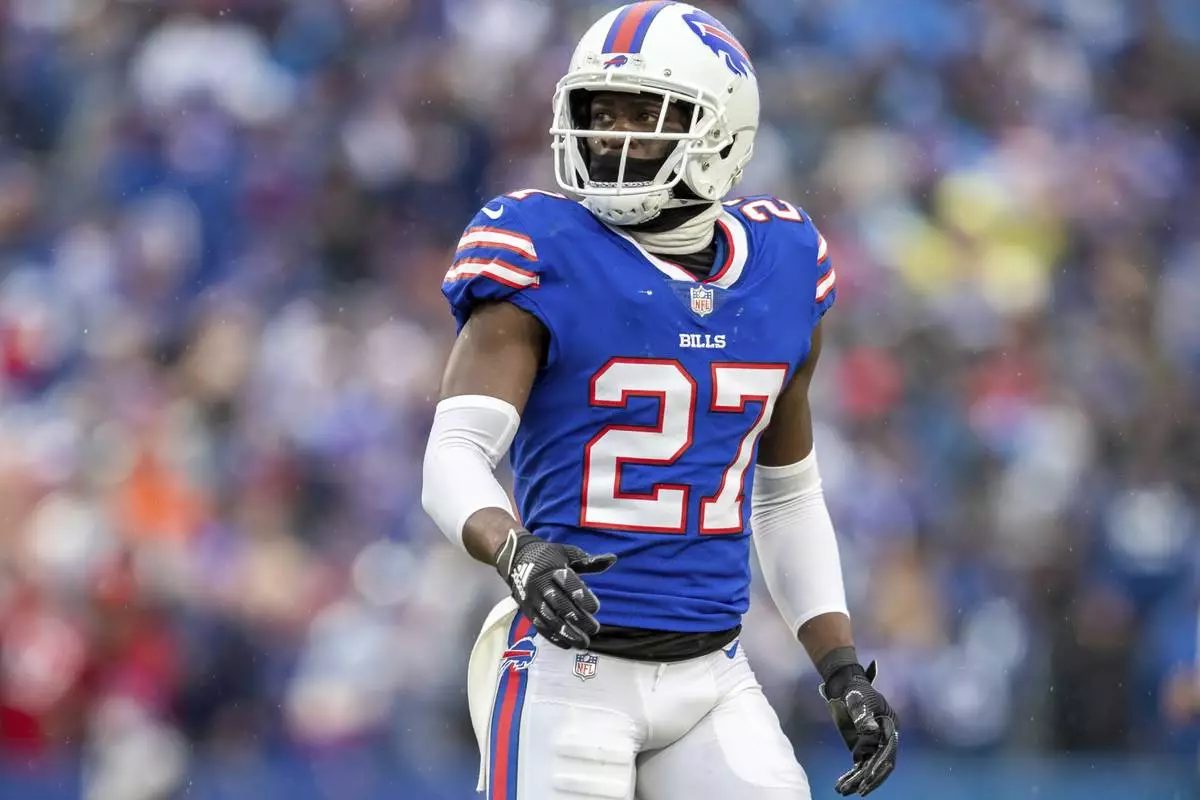 FILE - Buffalo Bills cornerback Tre'Davious White stands on the field during the team's NFL football game against the Indianapolis Colts on Nov. 21, 2021, in Orchard Park, N.Y. (AP Photo/Jeff Lewis, File)