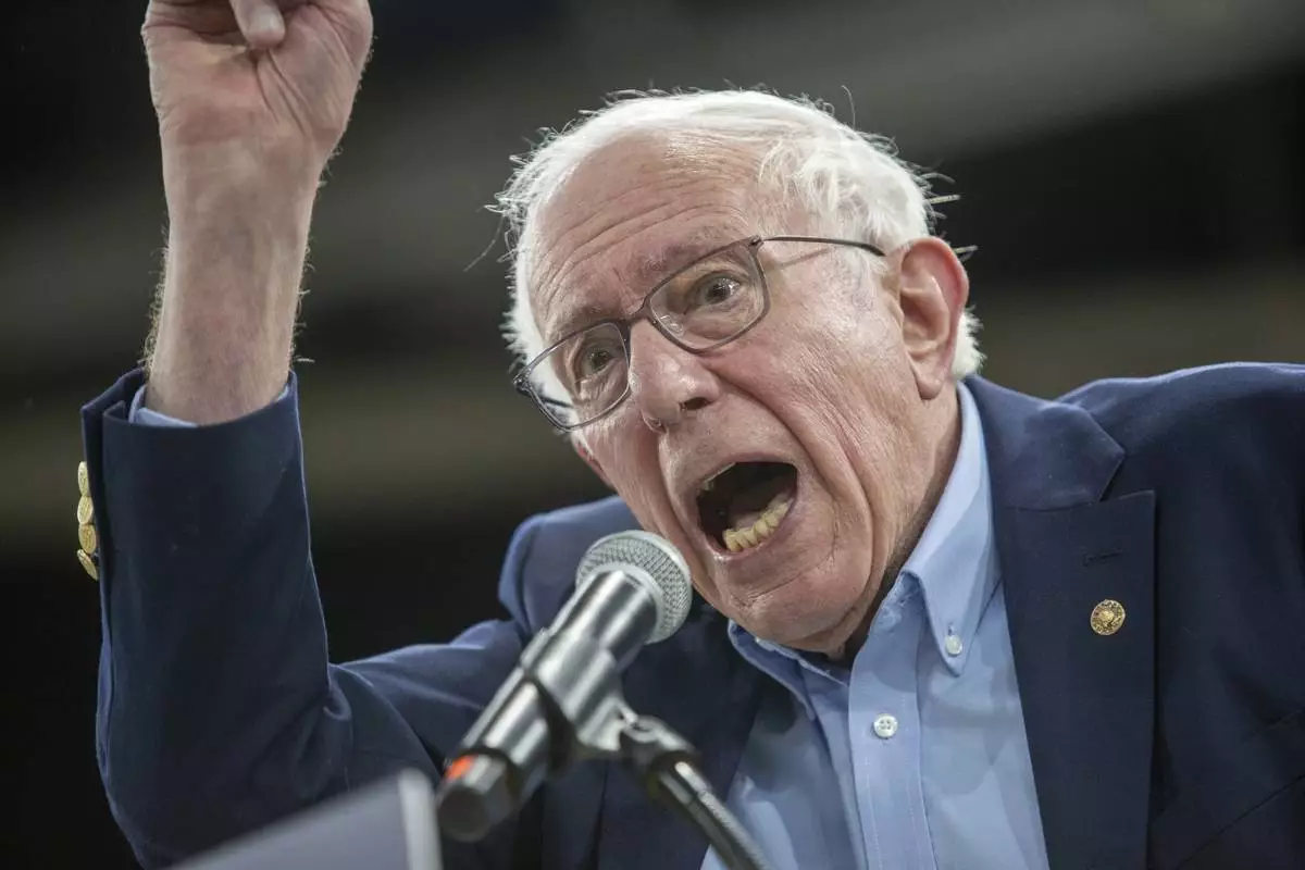 Sen. Bernie Sanders, I-Vt., speaks during his "Fighting Oligarchy" event at the Ford Idaho Center in Nampa, Idaho, Monday, April 14, 2025. (AP Photo/Kyle Green)