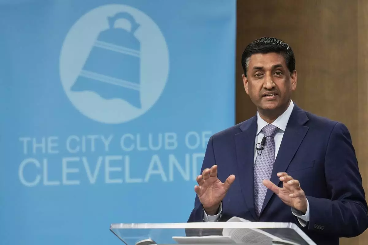 U.S. Rep. Ro Khanna (D-CA) speaks to the City Club of Cleveland, in Cleveland, Monday, April 14, 2025. (AP Photo/Sue Ogrocki)