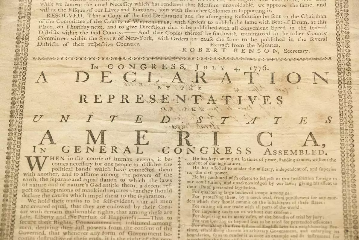 FILE - A 1776 broadside printing of the Declaration of Independence is displayed at the Museum of the American Revolution in Philadelphia on June 17, 2019. (AP Photo/Matt Rourke)